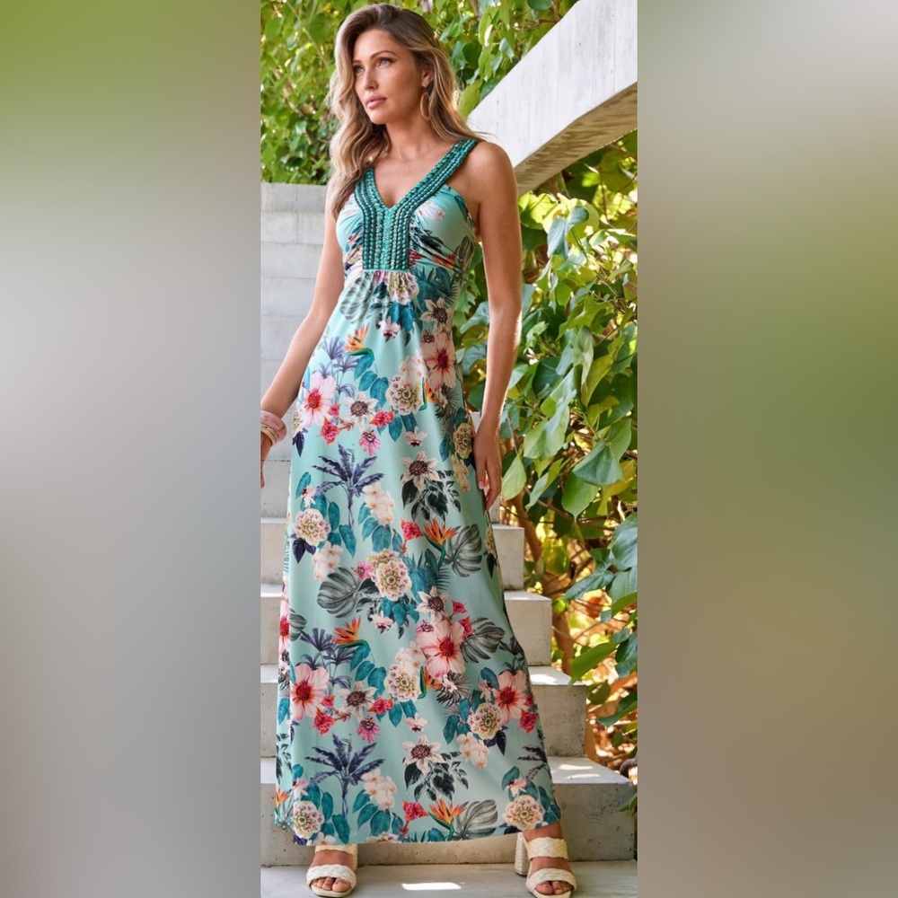 Barcelona Florals Print Embellished Knit Maxi Dress